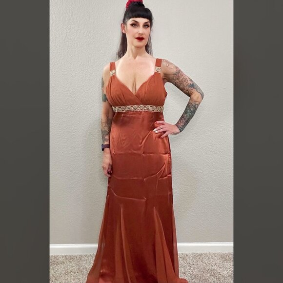 90s Vintage Bronze Silk Chiffon Halter Dress Art Deco Formal Maxi Retro 30s 10 - Picture 2 of 10